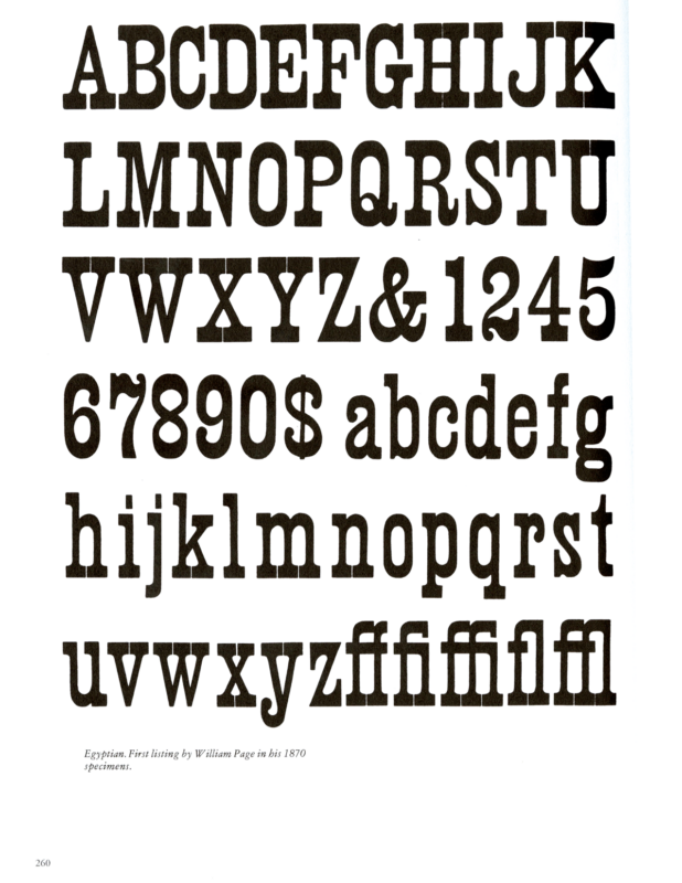 Egyptian specimen book page from American Wood Type 1828-1900 by Rob Roy Kelly