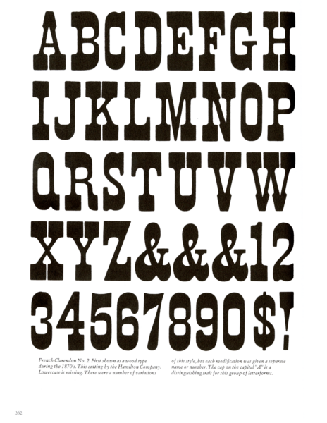 French Clarendon No. 2 specimen book page from American Wood Type 1828-1900 by Rob Roy Kelly