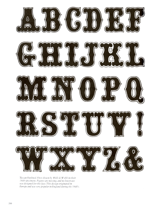 Tuscan Open specimen book page from American Wood Type 1828-1900 by Rob Roy Kelly