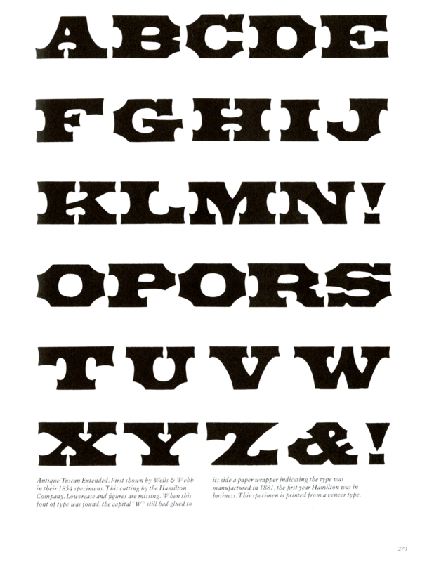 Antique Tuscan Expanded specimen book page from American Wood Type 1828-1900 by Rob Roy Kelly