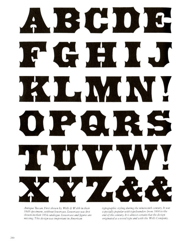Antique Tuscan specimen book page from American Wood Type 1828-1900 by Rob Roy Kelly
