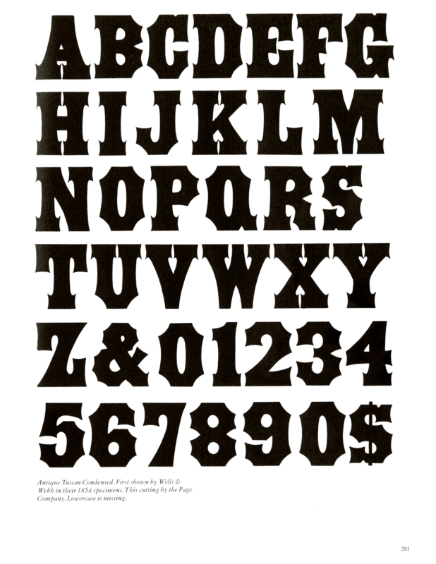 Antique Tuscan Condensed specimen book page from American Wood Type 1828-1900 by Rob Roy Kelly