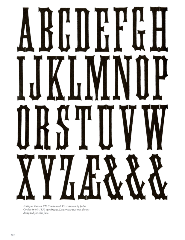 Antique Tuscan XX Condensed specimen book page from American Wood Type 1828-1900 by Rob Roy Kelly