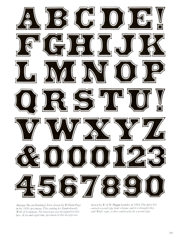 Antique Tuscan Outlined specimen book page from American Wood Type 1828-1900 by Rob Roy Kelly