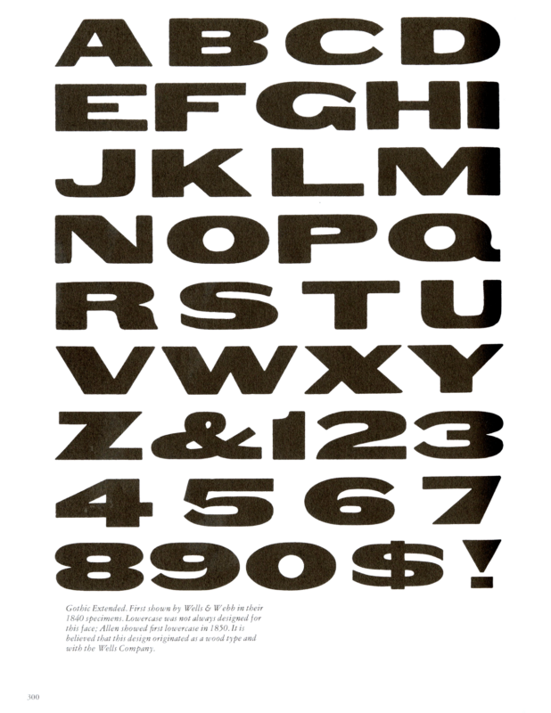 Gothic Extended specimen book page from American Wood Type 1828-1900 by Rob Roy Kelly