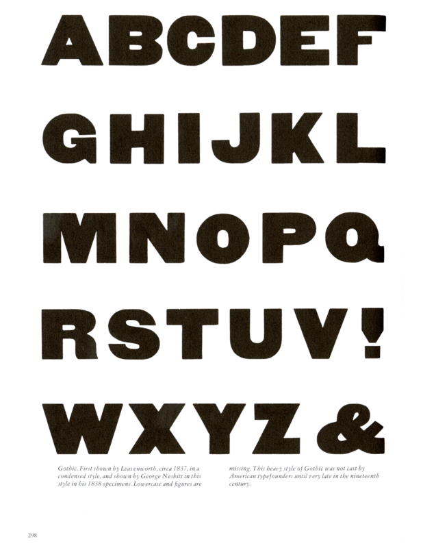 Gothic specimen book page from American Wood Type 1828-1900 by Rob Roy Kelly