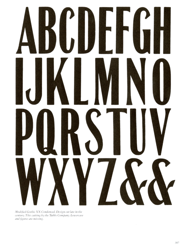 Modified Gothic XX Condensed specimen book page from American Wood Type 1828-1900 by Rob Roy Kelly