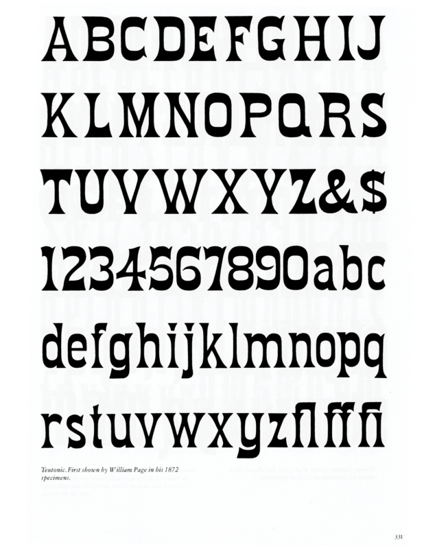 Teutonic specimen book page from American Wood Type 1828-1900 by Rob Roy Kelly