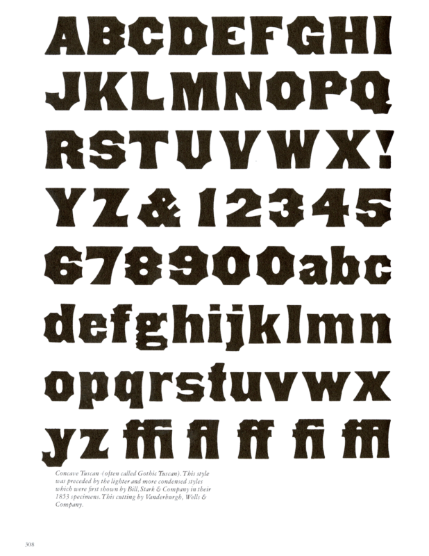 Gothic Tuscan specimen book page from American Wood Type 1828-1900 by Rob Roy Kelly