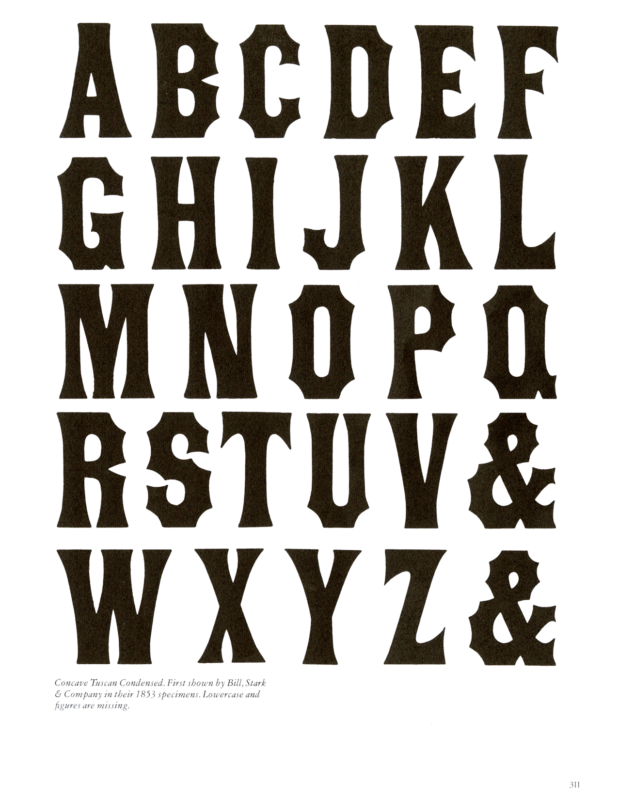 Gothic Tuscan Condensed No. 1 specimen book page from American Wood Type 1828-1900 by Rob Roy Kelly