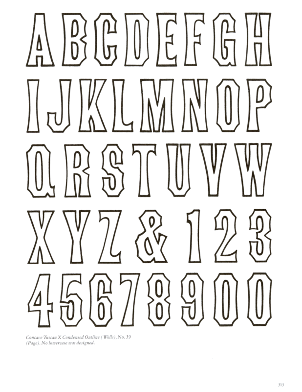 Concave Tuscan X Condensed Outline specimen book page from American Wood Type 1828-1900 by Rob Roy Kelly