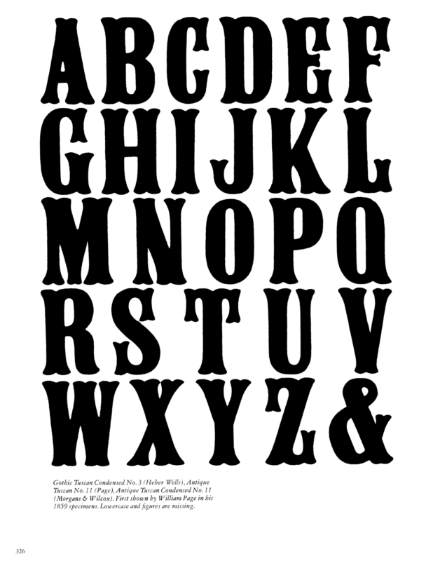 Antique Tuscan X Condensed No. 11 specimen book page from American Wood Type 1828-1900 by Rob Roy Kelly