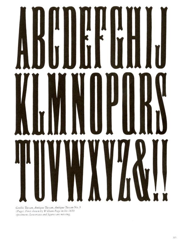 Antique Tuscan No. 9 specimen book page from American Wood Type 1828-1900 by Rob Roy Kelly