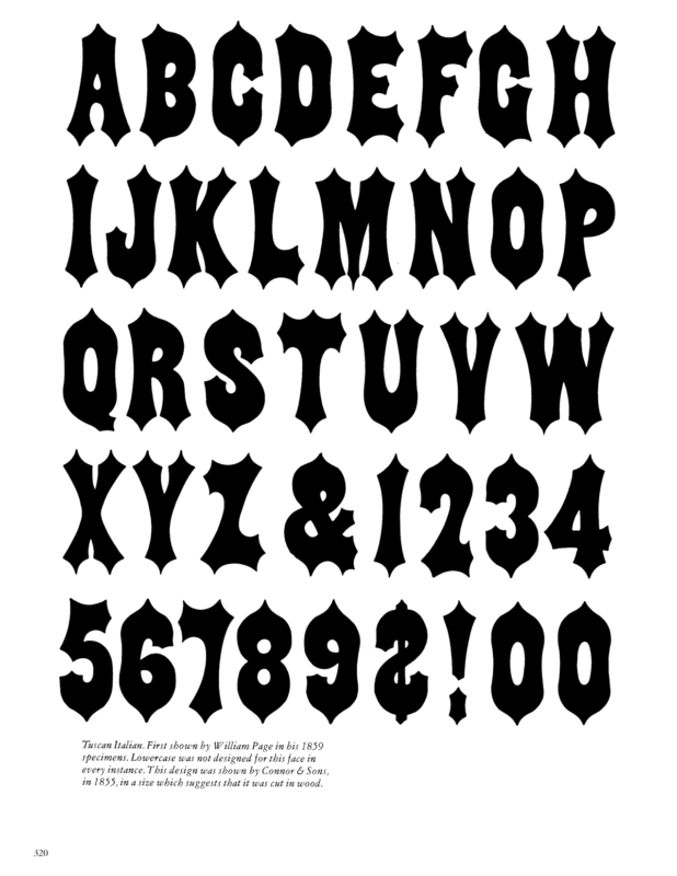 Tuscan Italian specimen book page from American Wood Type 1828-1900 by Rob Roy Kelly