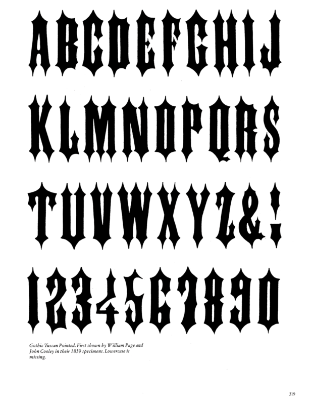 Gothic Tuscan Pointed specimen book page from American Wood Type 1828-1900 by Rob Roy Kelly