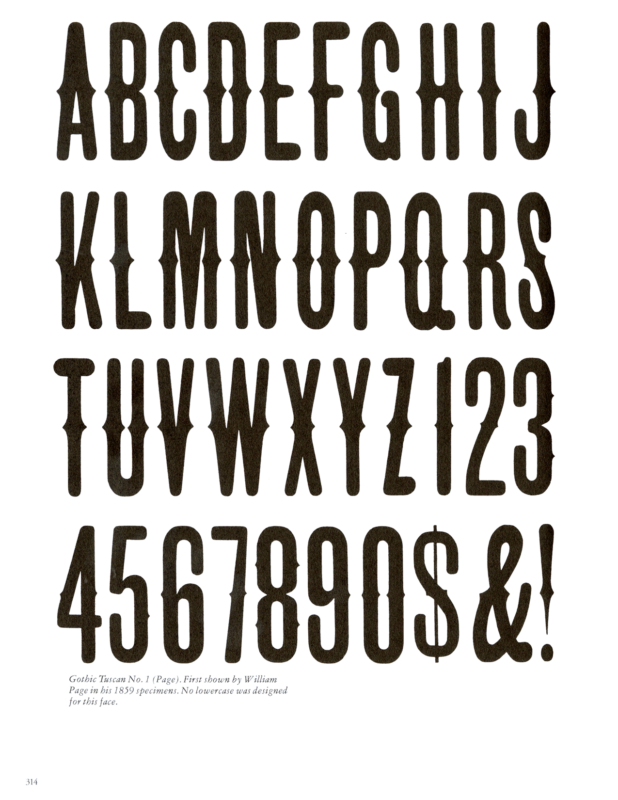 Gothic Tuscan No.1 specimen book page from American Wood Type 1828-1900 by Rob Roy Kelly