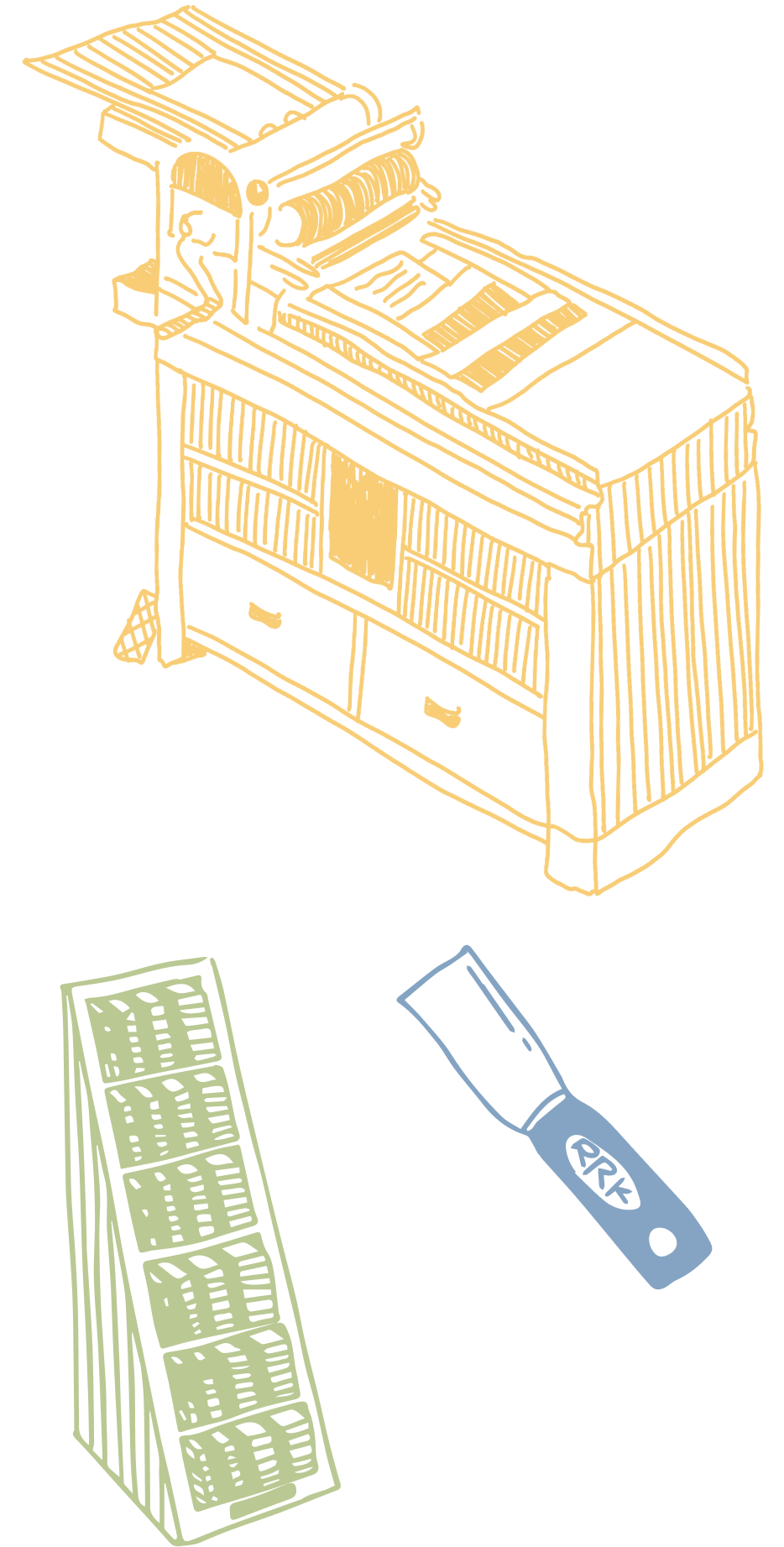 a yellow line drawing of a Vandercook press, a green line drawing of a furniture cabinet and a blue line drawing of an ink knife