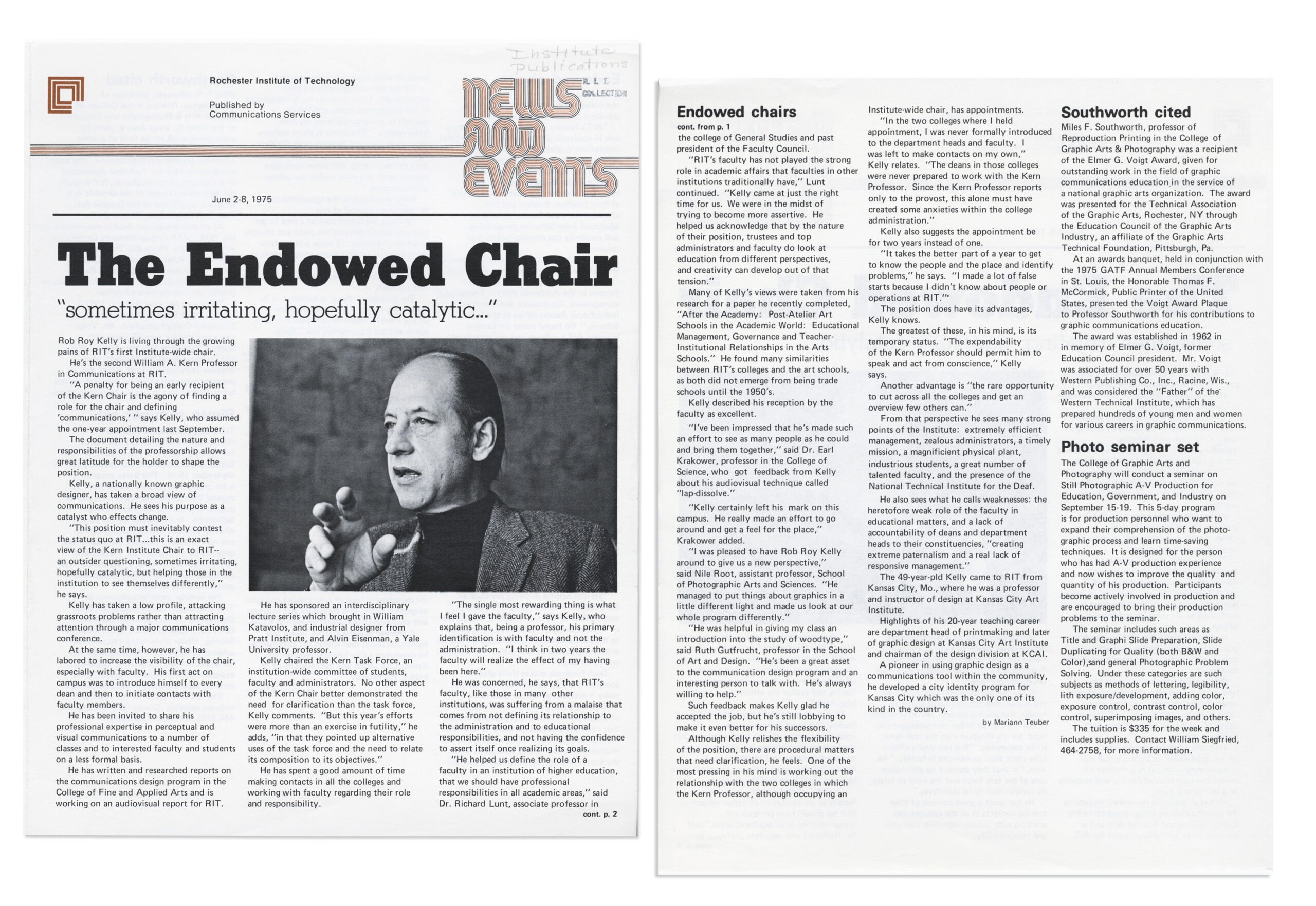 a black and white newspaper clipping from Rochester Institute of Technology featuring the above headshot of Kelly