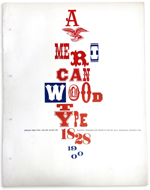 1963 design quarterly publication cover, featuring outlines of wood type characters and two slabs of wood in red and black