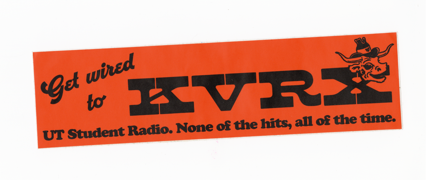 orange bumper sticker advertising a radio station featuring RRK wood type