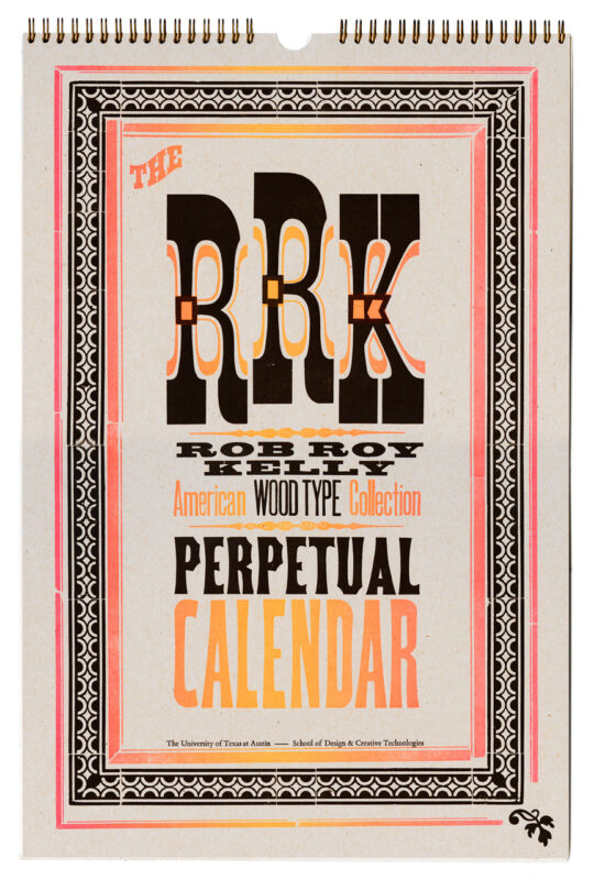 cover of perpetual calendar, printed on gray paper, with a warm neon gradient, and black ink.
