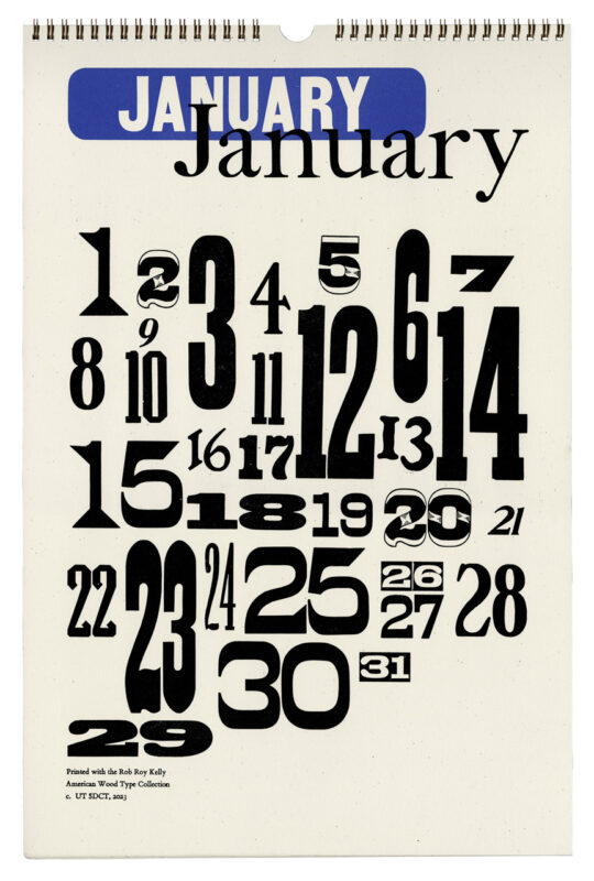 A page from the perpetual printed on off white paper. The January block is printed in dark blue on top, with numbers printed in black.