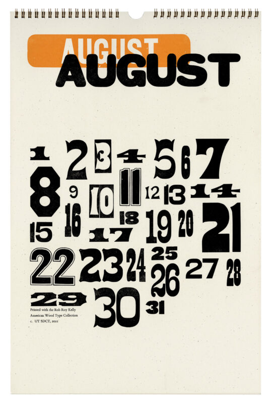 A page from the perpetual printed on off white paper. The August block is printed in orange on top, with numbers printed in black.