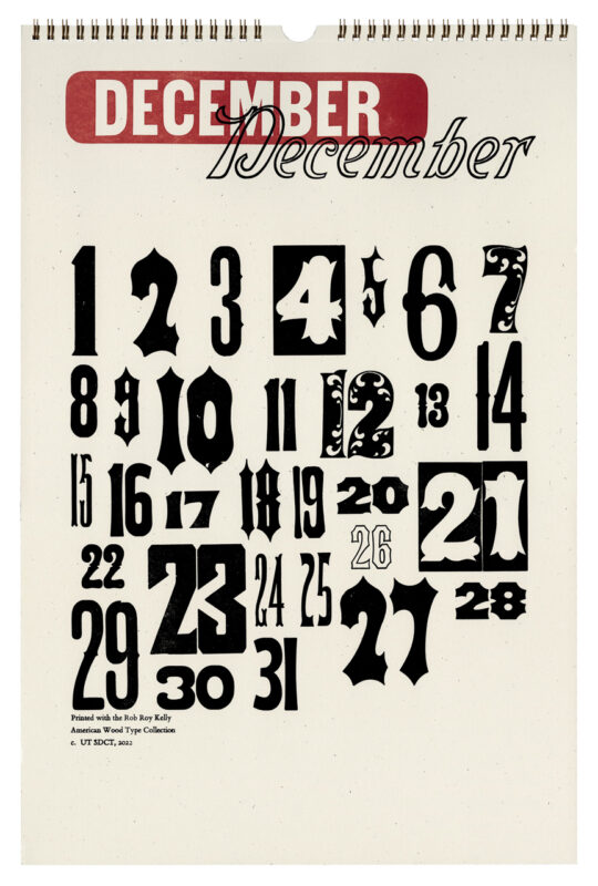 A page from the perpetual printed on off white paper. The December block is printed in maroon on top, with numbers printed in black.
