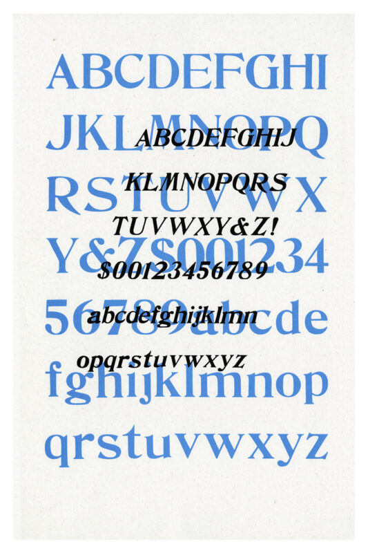 letterpress print wood type specimen from the Rob Roy Kelly American Wood Type Collection Folio Revisited, regular and italic fonts printed in two overlapping layers in black and blue ink