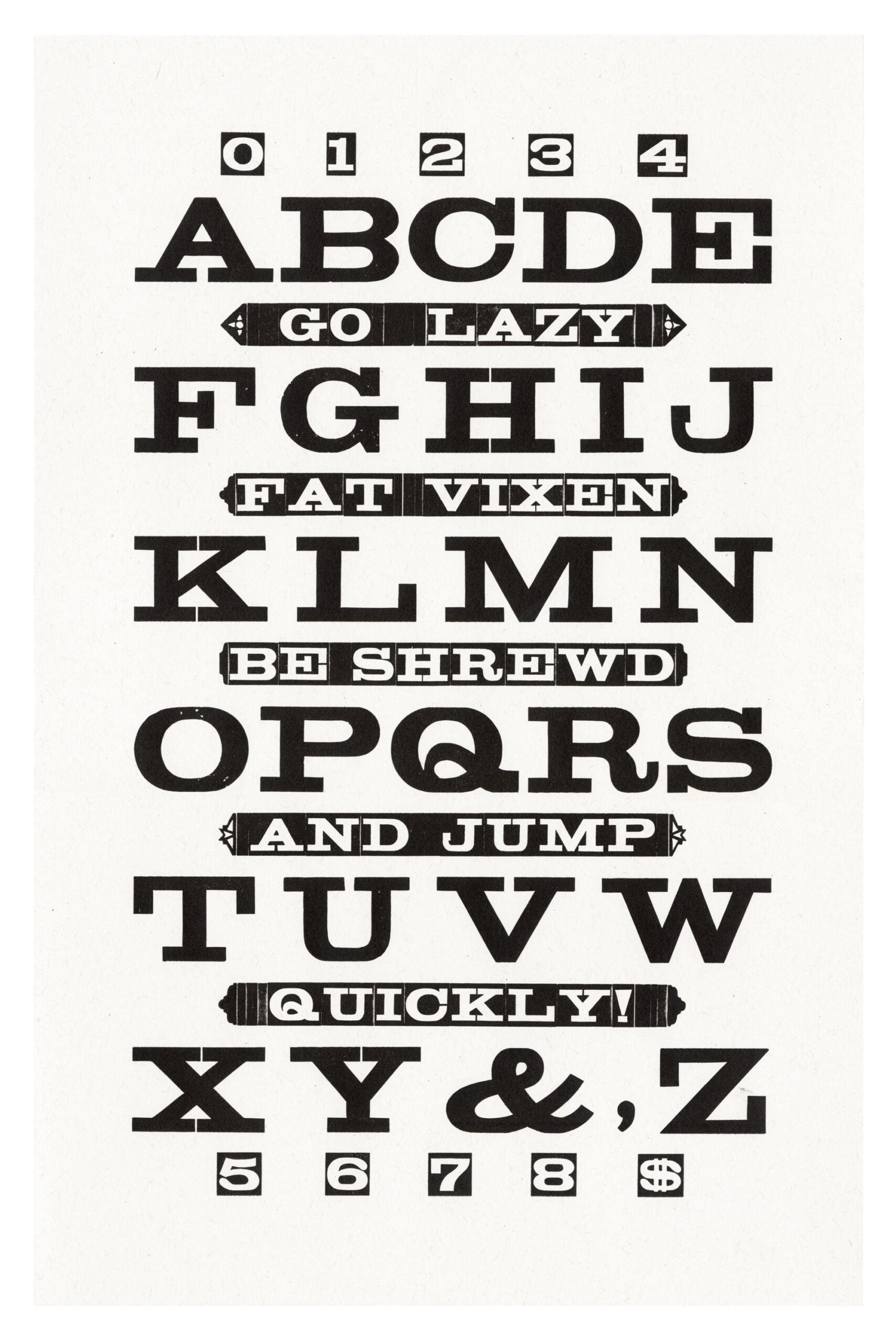 letterpress print wood type specimen from the Rob Roy Kelly American Wood Type Collection Folio Revisited, uppercase letters and numbers printed in a single layer using black ink