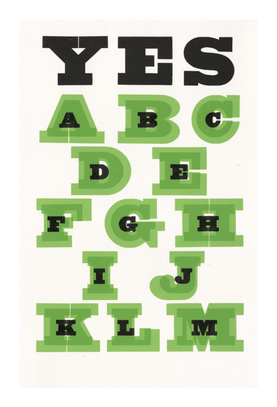 letterpress print specimen of wood type from the Rob Roy Kelly American Wood Type Collection Folio Revisited, stacked layers of green and black letters, biggest to smallest, in alphabetical order spread across three pages and wood cut indexes