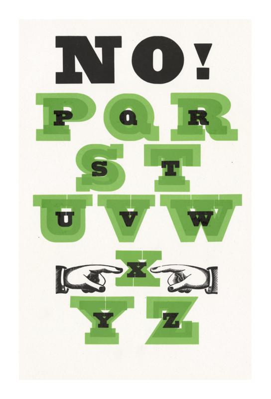 letterpress print specimen of wood type from the Rob Roy Kelly American Wood Type Collection Folio Revisited, stacked layers of green and black letters, biggest to smallest, in alphabetical order spread across three pages and wood cut indexes