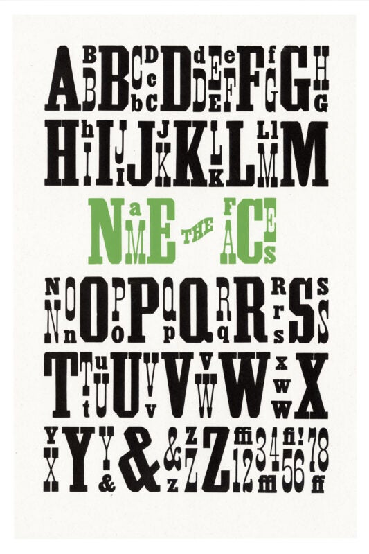 letterpress print wood type specimen from the Rob Roy Kelly American Wood Type Collection Folio Revisited, uppercase letters and numbers printed in two layers using black and green ink