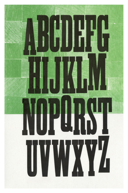 letterpress print specimen of wood type from the Rob Roy Kelly American Wood Type Collection Folio Revisited, two page print with condensed jumpy black letters and a fold out page covered in green prints of the grainy back of wood type blocks