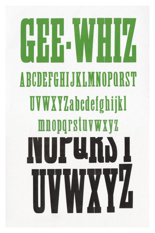letterpress print specimen of wood type from the Rob Roy Kelly American Wood Type Collection Folio Revisited, two page print with condensed jumpy black letters and a fold out page covered in green prints of the grainy back of wood type blocks
