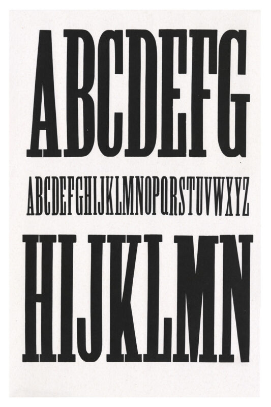 letterpress print specimen of wood type from the Rob Roy Kelly American Wood Type Collection Folio Revisited, small and large black type spread across multiple pages in a rigid interlocking grid