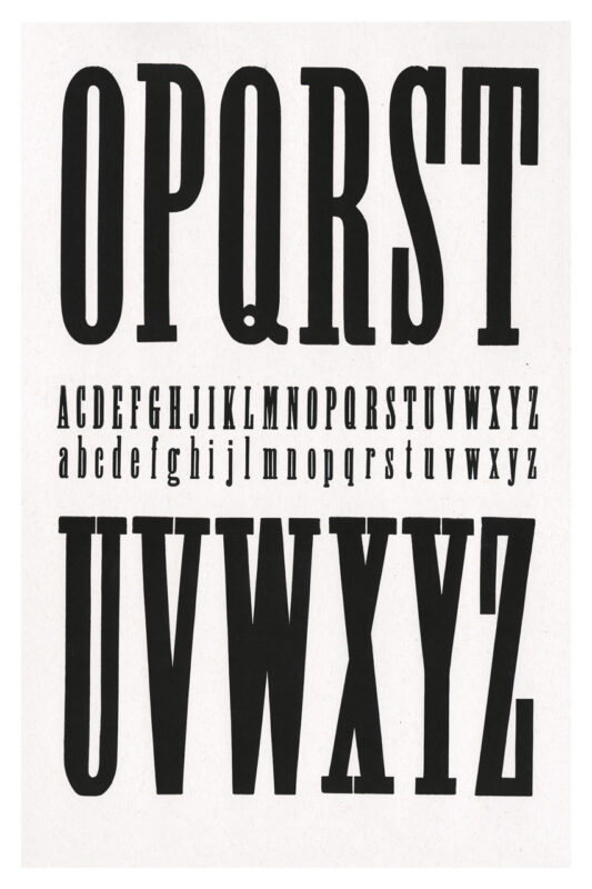 letterpress print specimen of wood type from the Rob Roy Kelly American Wood Type Collection Folio Revisited, small and large black type spread across multiple pages in a rigid interlocking grid