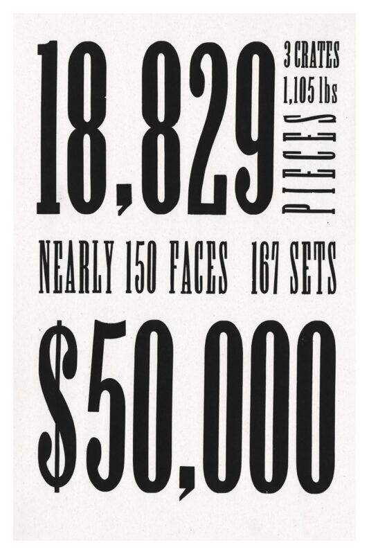 letterpress print specimen of wood type from the Rob Roy Kelly American Wood Type Collection Folio Revisited, small and large black type spread across multiple pages in a rigid interlocking grid