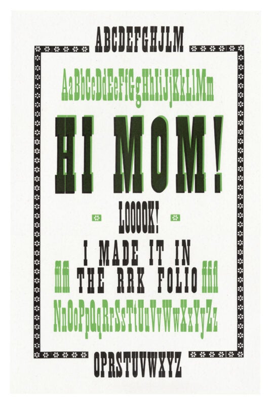 letterpress print wood type specimen from the Rob Roy Kelly American Wood Type Collection Folio Revisited, lowercase and uppercase letters, framed by borders printed in two overlapping layers using black and green ink