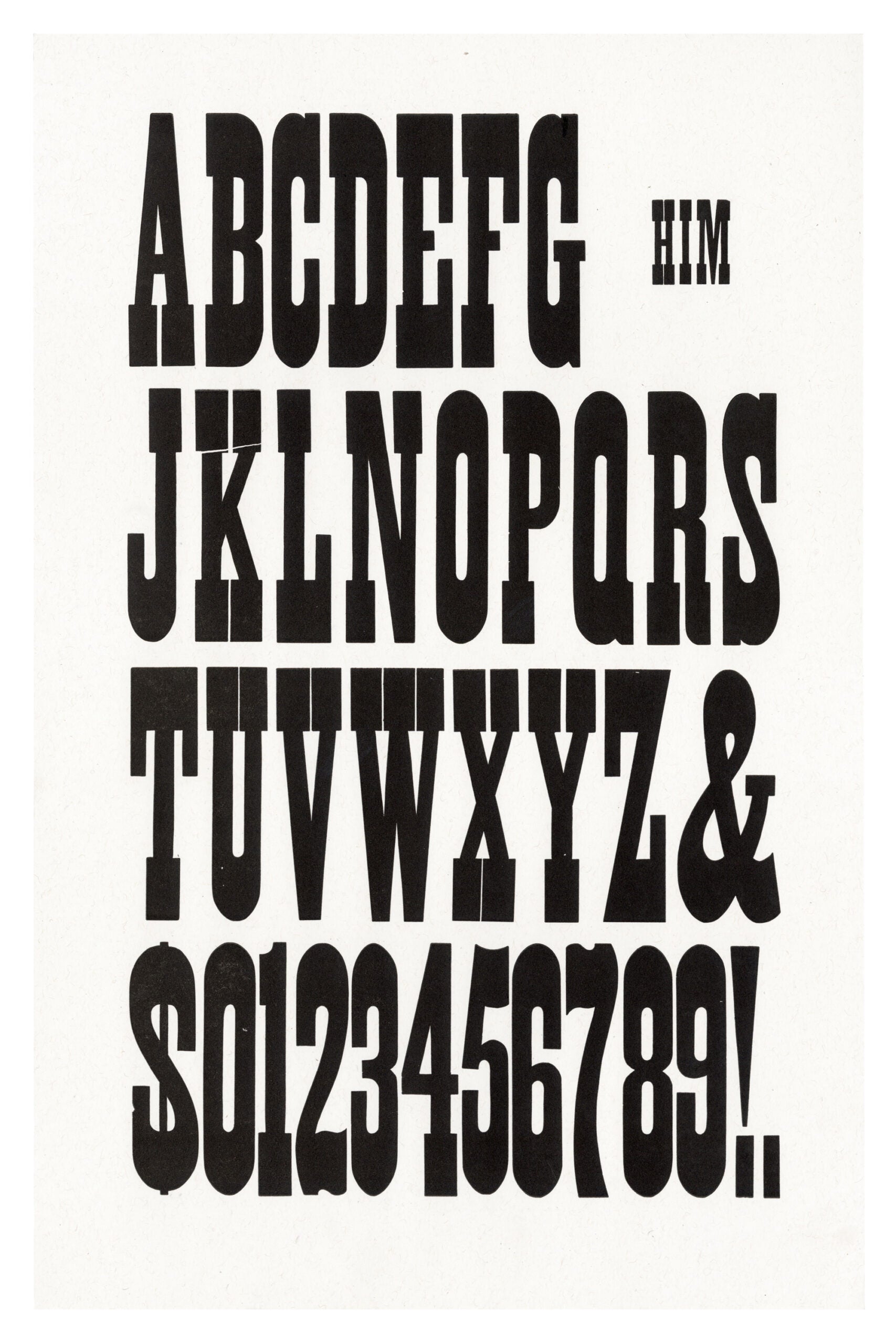 letterpress print wood type specimen from the Rob Roy Kelly American Wood Type Collection Folio Revisited, uppercase letters and numbers printed in a single layer using black ink