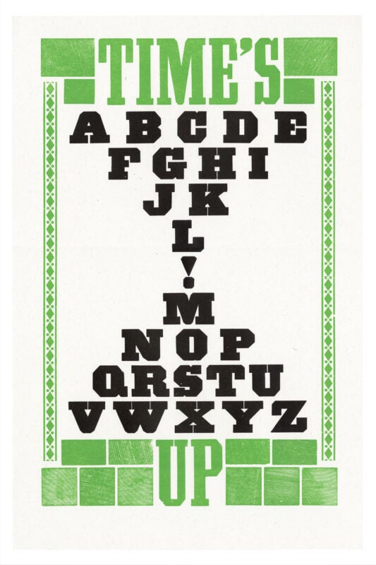 letterpress print wood type specimen from the Rob Roy Kelly American Wood Type Collection Folio Revisited, lowercase and uppercase letters, framed by ornaments printed in two layers using black and green ink