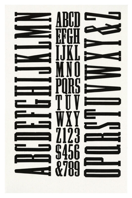 letterpress print specimen of wood type from the Rob Roy Kelly American Wood Type Collection Folio Revisited, three columns of type spanning height of page, two different sizes of wood type