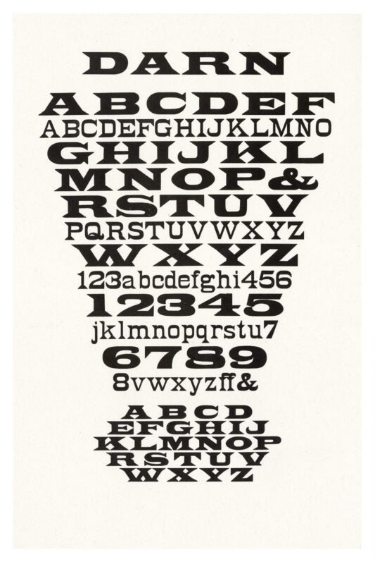 letterpress print wood type specimen from the Rob Roy Kelly American Wood Type Collection Folio Revisited, uppercase letters and numbers printed in a single layer using black ink