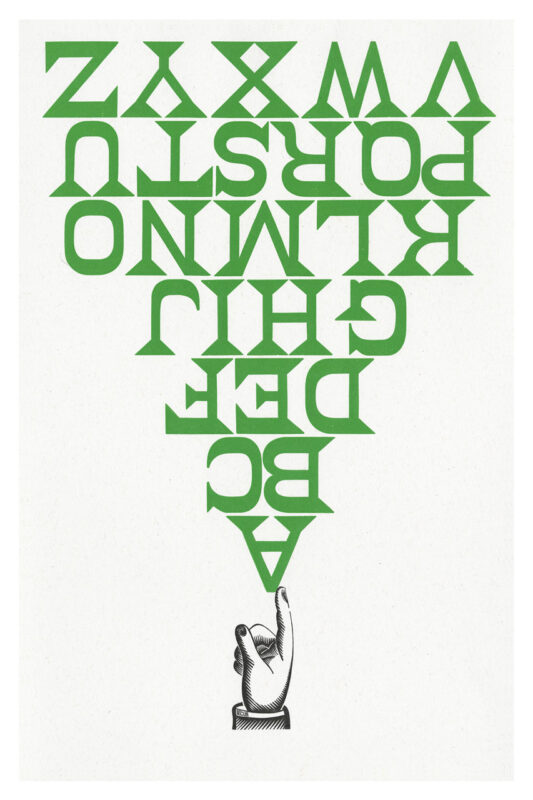 letterpress print specimen of wood type from the Rob Roy Kelly American Wood Type Collection Folio Revisited, green capital letters forming an upside down triangle balanced on a wood cut index
