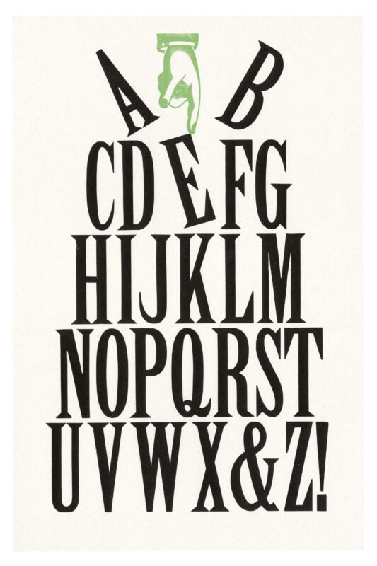 letterpress print wood type specimen from the Rob Roy Kelly American Wood Type Collection Folio Revisited, uppercase letters and numbers printed in two layers using black and green ink