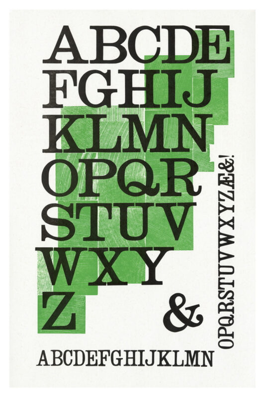 letterpress print specimen of wood type from the Rob Roy Kelly American Wood Type Collection Folio Revisited, black type layered on cascading green rectangles printed with the back of wood blocks