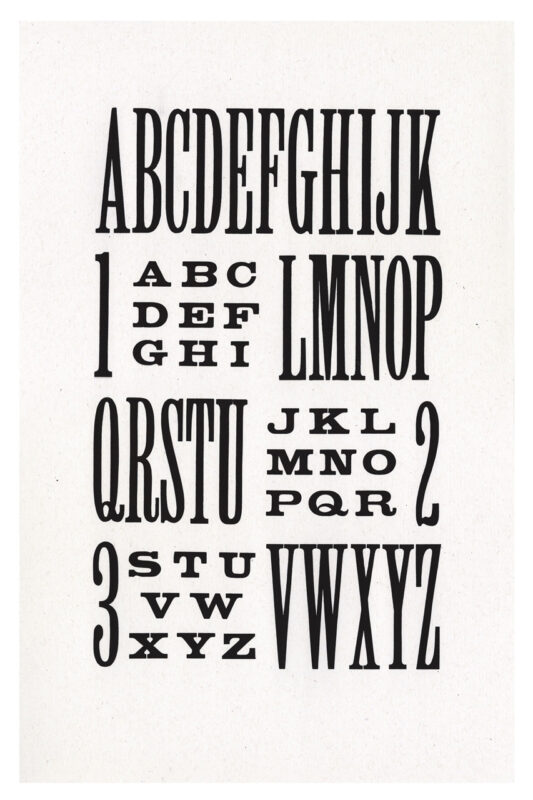 letterpress print specimen of wood type from the Rob Roy Kelly American Wood Type Collection Folio Revisited, black narrow letters arranged in an interlocking grid