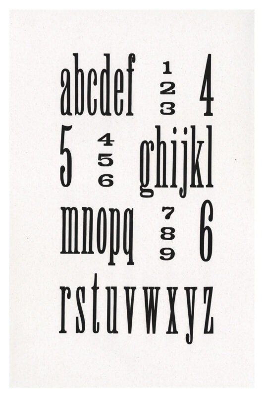 letterpress print specimen of wood type from the Rob Roy Kelly American Wood Type Collection Folio Revisited, black narrow letters arranged in an interlocking grid
