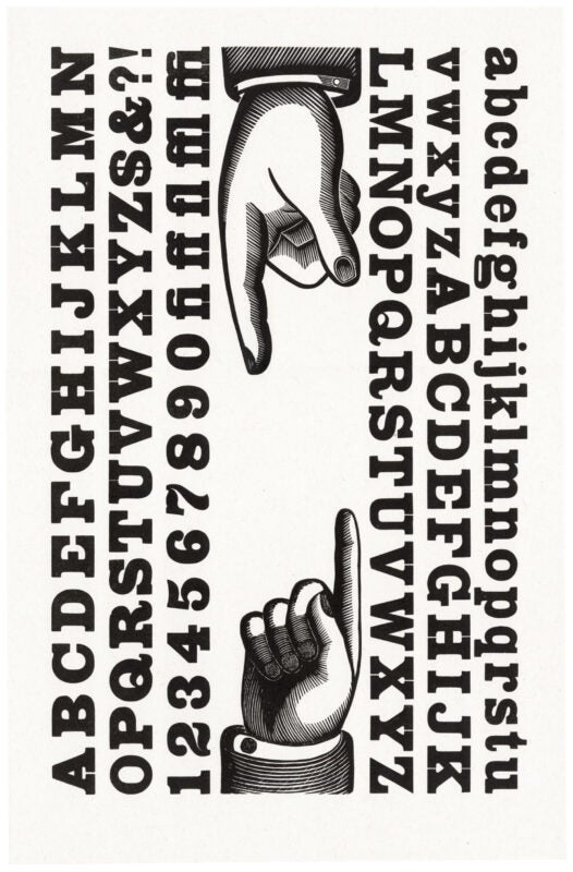 letterpress print wood type specimen from the Rob Roy Kelly American Wood Type Collection Folio Revisited, uppercase letters, 2 manicules, and numbers printed in a single layer using black ink