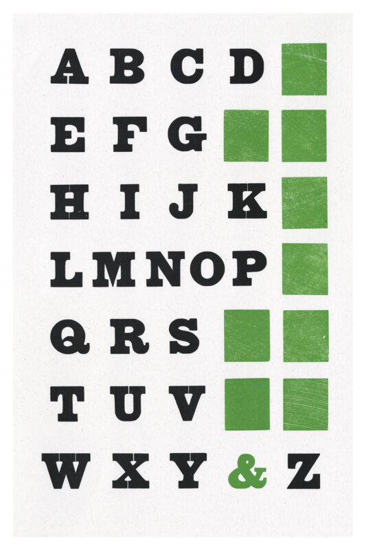 letterpress print specimen of wood type from the Rob Roy Kelly American Wood Type Collection Folio Revisited, basic grid layout of black type with green squares printed with back of wood type blocks